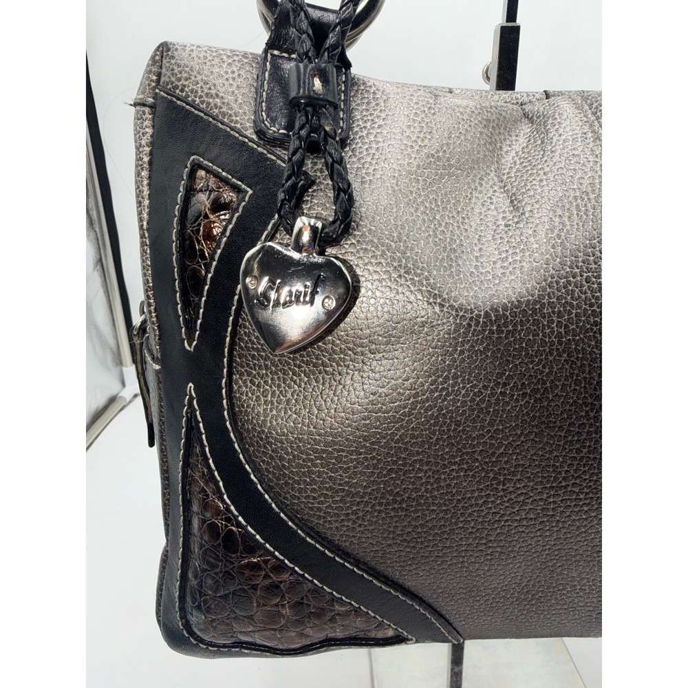 Sharif Studio Metallic Pewter Leather Shoulder Bag Black Trim Lime Green Lining - Picture 2 of 10